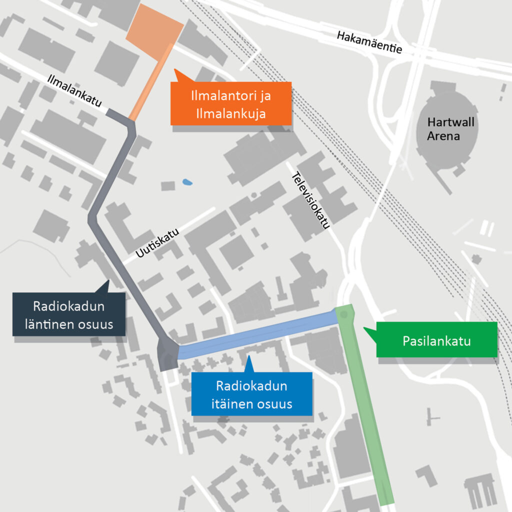 Ilmalan raitiotien rakentamisen alueet kartalla 